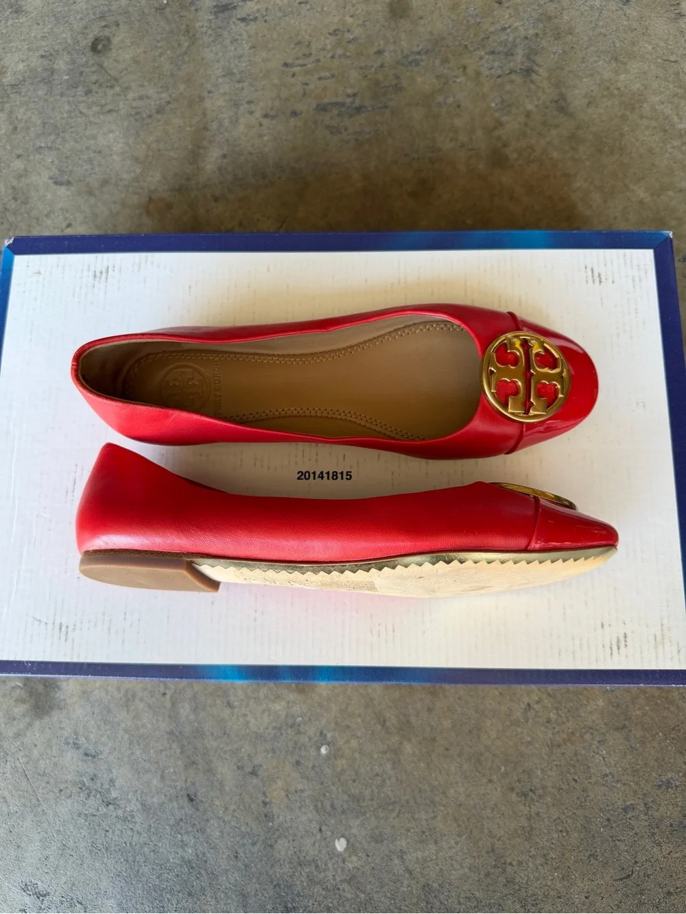 Tory Burch Red Leather Logo Toe Ballet Flats with Gold Medallion